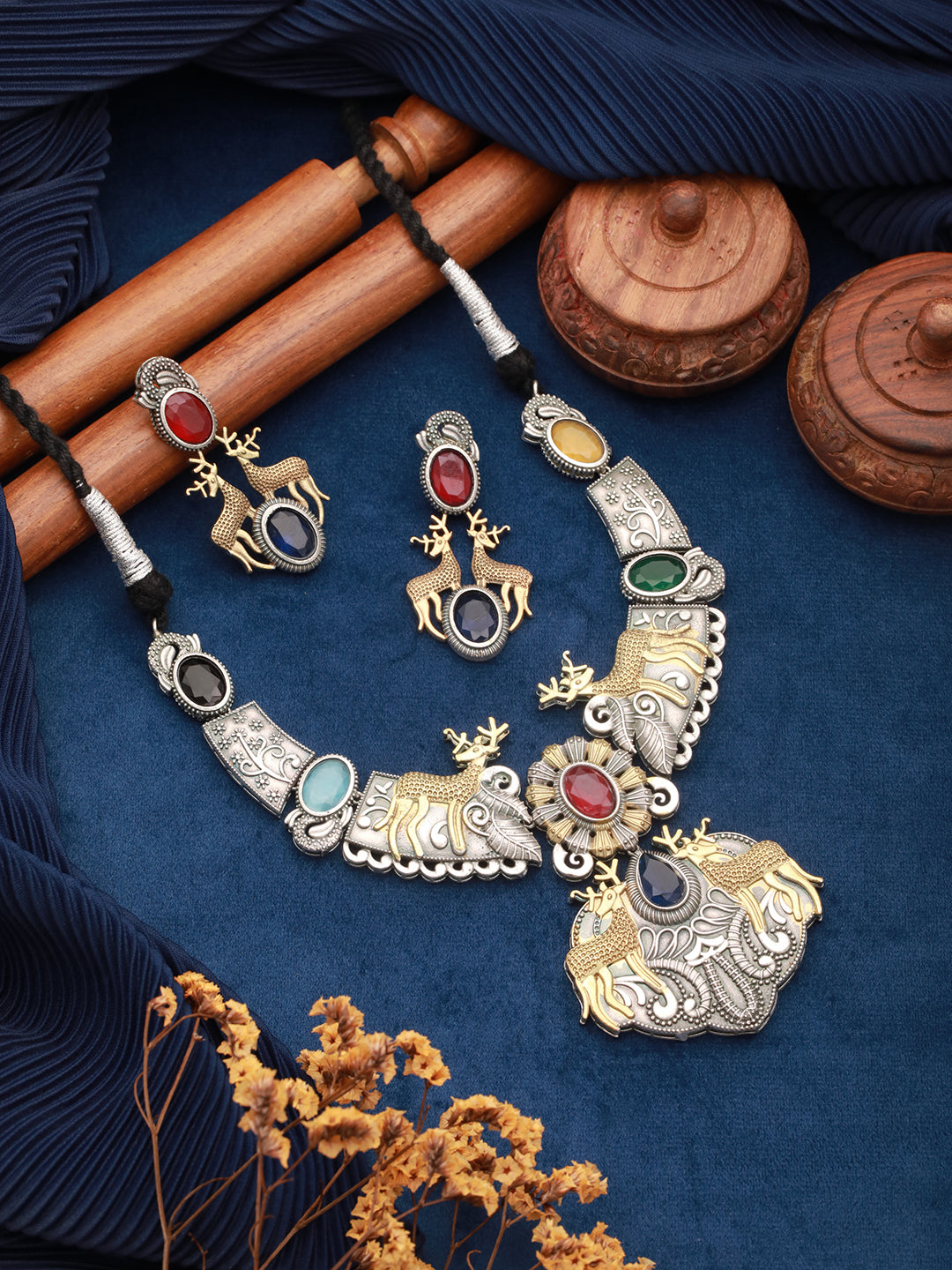 Dual Toned  Oxidised  Red Stone Studded Brass Handcrafted Deer Motif Intricate Designer Jewellery Set